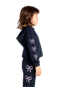 Semi Cropped Shirred Stormy Bows Hoodie Pullover