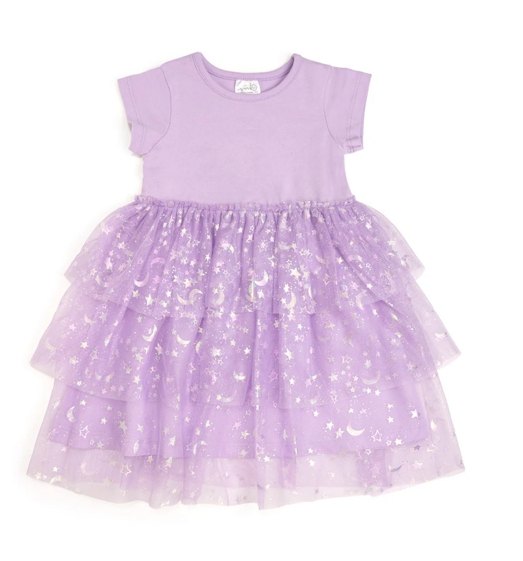 Lilac Star And Moon Halloween Short Sleeve Tutu Dress