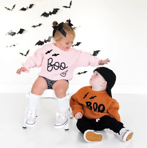 Boo Bat Halloween Knit Sweater Pink