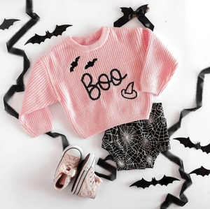 Boo Bat Halloween Knit Sweater Pink