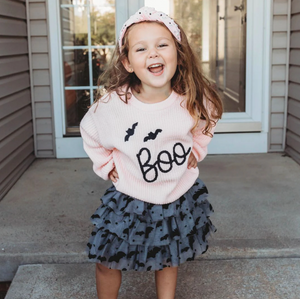 Boo Bat Halloween Knit Sweater Pink