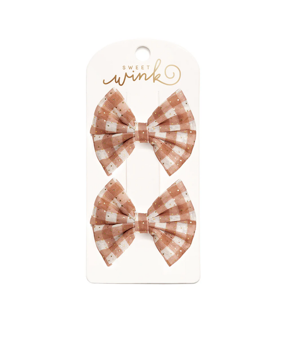 Gingham Printed Tulle Bow Clip Set