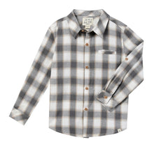 Load image into Gallery viewer, Gray and white checkered shirt on a white background

