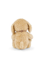 Load image into Gallery viewer, Back view of Honey the Puppy plush, showing honey-colored fur, long floppy ears, a floral neck ribbon, and a short tail.
