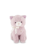Load image into Gallery viewer, Front view of Snuggle Bunnies Moon the Kitty in Violet, a lavender cat plush with a white muzzle and cream ribbon bow.
