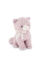 Load image into Gallery viewer, Angled front view of violet Moon the Kitty plush, showing its white muzzle, cream ribbon bow, and fluffy tail.
