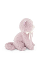 Load image into Gallery viewer, Side view of violet Moon the Kitty plush seated on a white background, showing its pointed ear and curled lavender tail.
