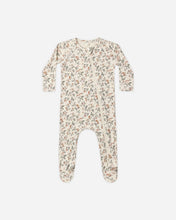 Load image into Gallery viewer, Cream baby footie with a muted green and rust floral print, long sleeves, enclosed feet, and a front zipper.

