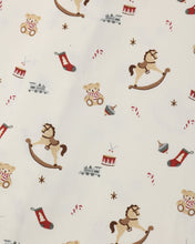 Load image into Gallery viewer, Close-up of the cream Toy Chest print with rocking horses, teddy bears, trains, drums, stockings, and candy canes.
