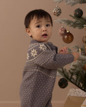 Load image into Gallery viewer, Fair Isle Romper in Slate on a baby by a holiday tree
