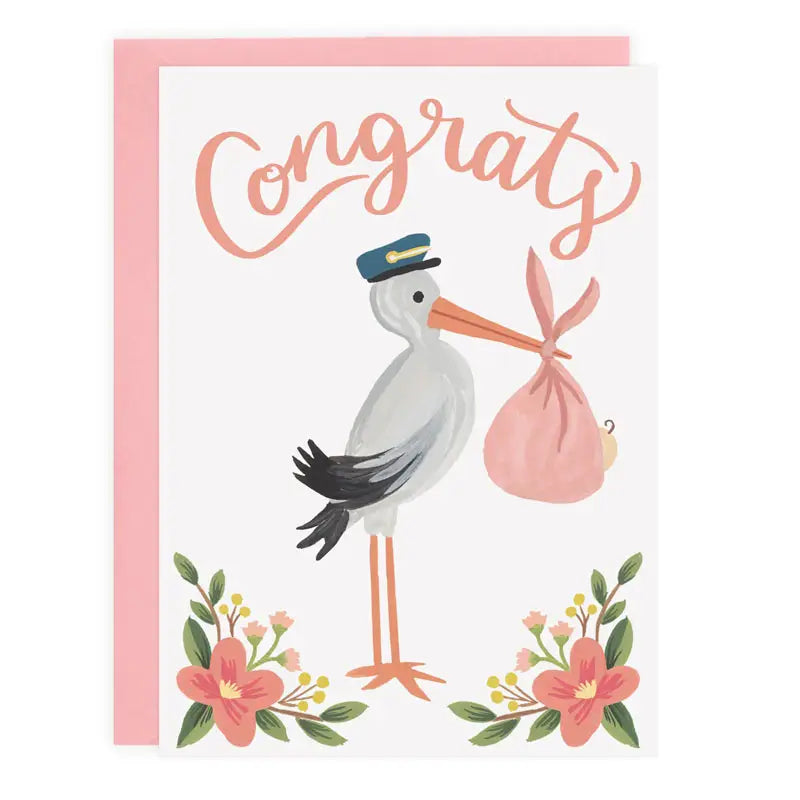Stork Congrats Pink Card + Envelope