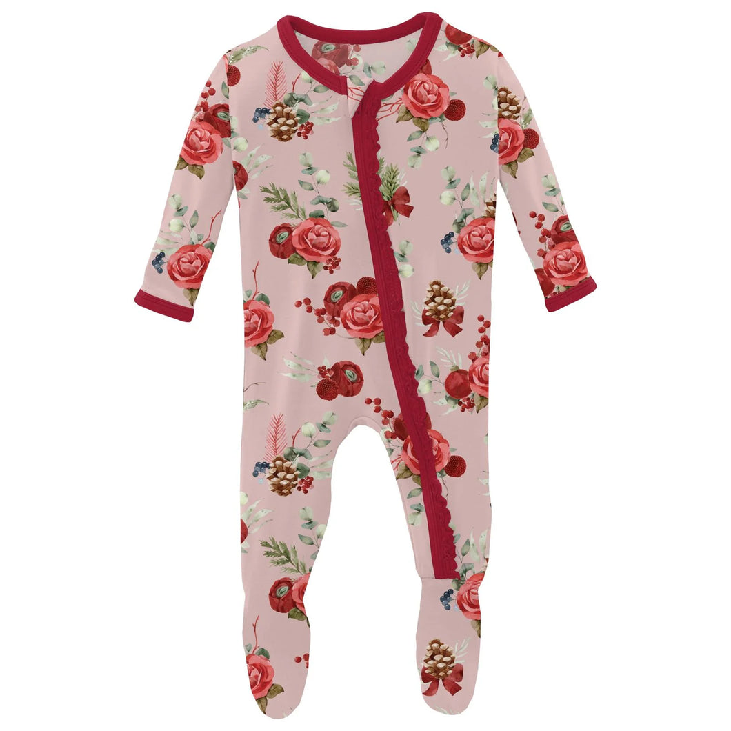 Print Muffin Ruffle Footie With 2 Way Zipper - Baby Rose Holiday Floral