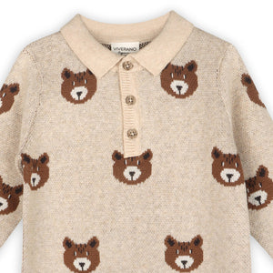 Brown Bear Jacquard Sweater Knit Baby Jumpuit (Organic) - Oatmeal Heather