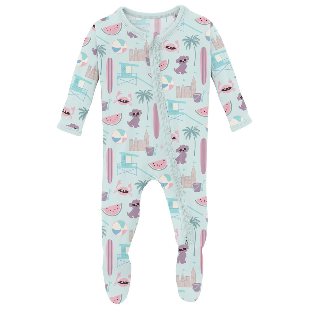 Print Muffin Ruffle Footie With 2 Way Zipper - Fresh Air Beach Day