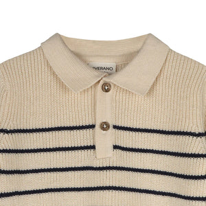 Classic Stripe Polo Sweater Knit Baby Pullover & Pant Set Natural/Navy Blue