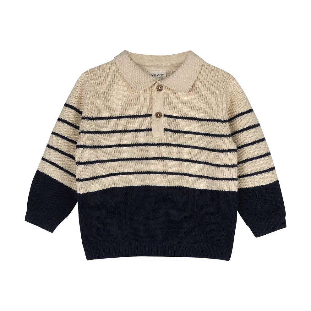 Classic Stripe Polo Sweater Knit Baby Pullover & Pant Set Natural/Navy Blue