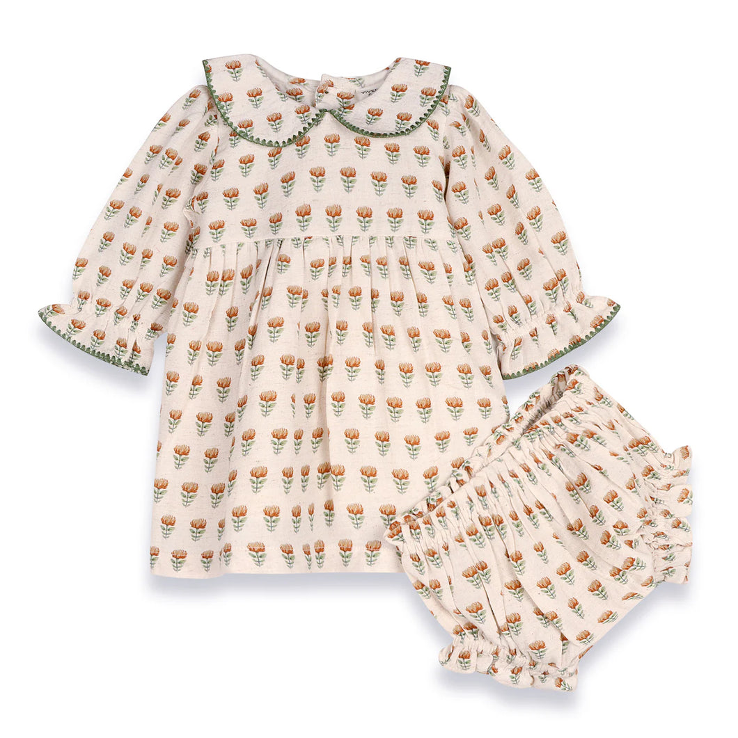 Ina Block Print Floral Baby Dress & Bloomer Set - Mustard Floral