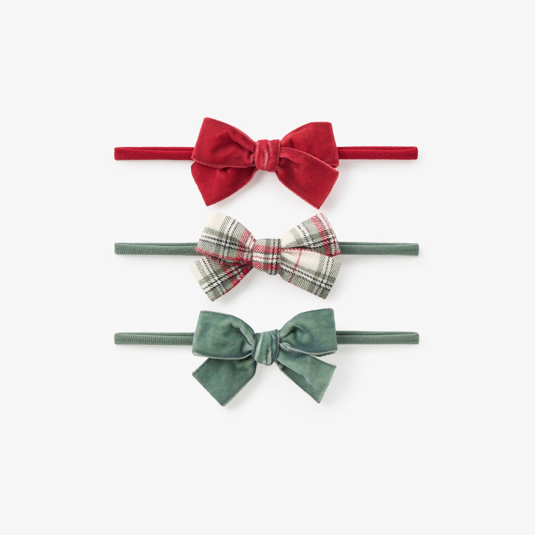 3 Pack Bow Headbands Red Velvet, Green Velvet, & White, Red & Green Plaid