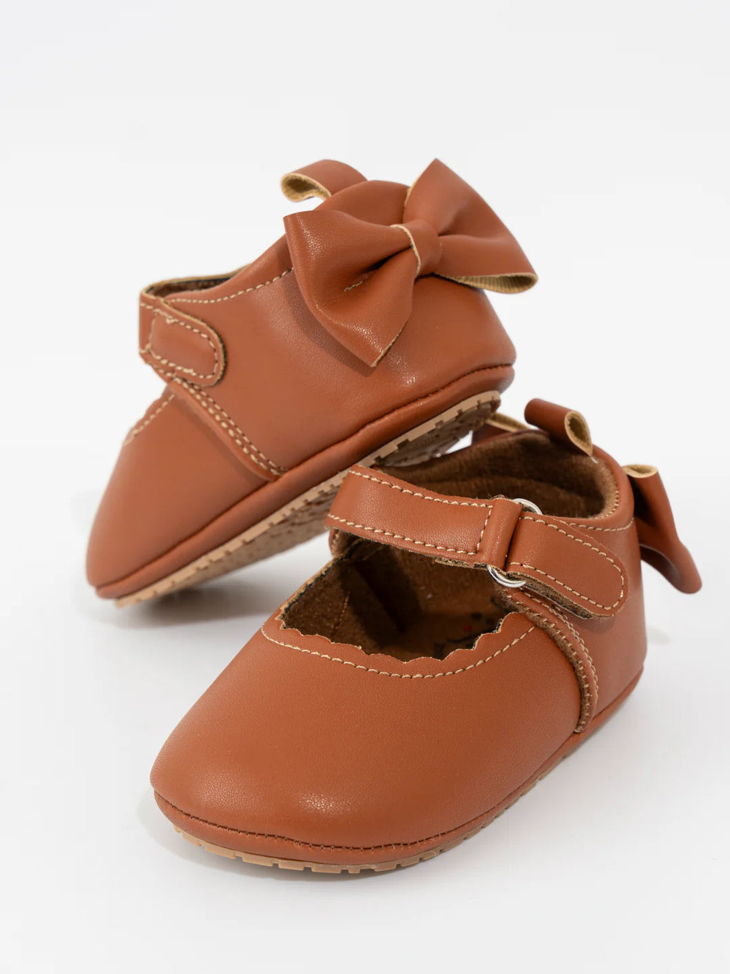 Scalloped Heel Bows Mary Jane Baby Shoes - Brown