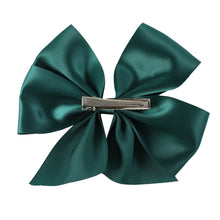 Load image into Gallery viewer, Green satin bow hair clip on a white background

