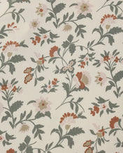 Load image into Gallery viewer, Close-up of the Holiday Floral print with muted green leaves and rust, blush, and beige flowers on cream fabric.
