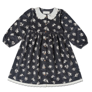 Organic Corduroy Collared Button Dress - Navy Bloom