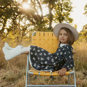 Organic Corduroy Collared Button Dress - Navy Bloom