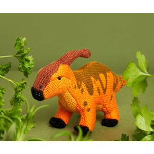 Knitted Parasaurolophus Dinosaur Baby Rattle Orange