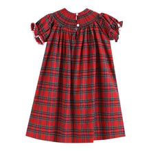 Load image into Gallery viewer, A red plaid dress for toddlers or girls, featuring short flutter sleeves with white lace trim, a gathered round neckline with three decorative buttons, and a pleated skirt, shown against a plain white background.
