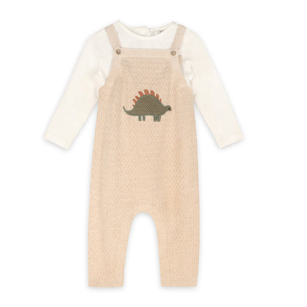 Dino Applique Baby Knit Overall Set - Oatmeal Heather