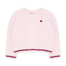 Load image into Gallery viewer, A light pink fuzzy long-sleeve crop sweater with a small red embroidered heart on the left chest and contrasting dark pink fuzzy trim along the hem and cuffs, shown on a plain white background.
