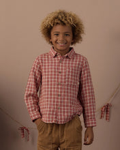 Load image into Gallery viewer, Collared Long Sleeve Shirt in Vintage Plaid on a smiling boy, close view
