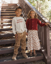 Load image into Gallery viewer, Fuzzy Cardigan in Ruby on a girl beside a boy on outdoor stairs
