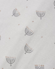Load image into Gallery viewer, Organic Long John Pajama in Hanukkah print, close-up of the menorah print
