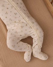 Load image into Gallery viewer, Close-up of the Hanukkah footie’s enclosed feet and zipper extending down one leg.

