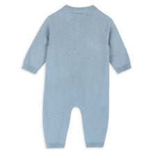 Load image into Gallery viewer, Light blue knitted baby romper on a white background
