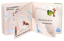 Load image into Gallery viewer, Children's book with interactive elements and illustrations of a dinosaur and workers.
