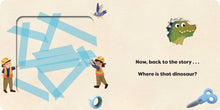 Load image into Gallery viewer, Illustration of children building with blue blocks and a dinosaur, with text asking 'Where is that dinosaur?'
