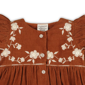 Floral Embroidered Corduroy Baby Dress & Bloomer - Organic Rust Brown