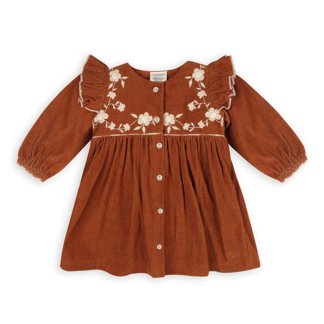 Floral Embroidered Corduroy Baby Dress & Bloomer - Organic Rust Brown