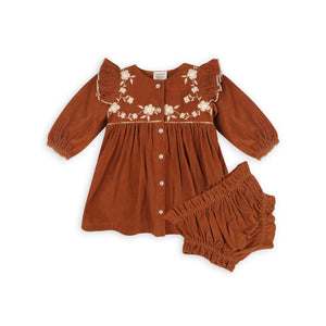 Floral Embroidered Corduroy Baby Dress & Bloomer - Organic Rust Brown