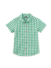 Load image into Gallery viewer, Green and white checkered shirt on a white background
