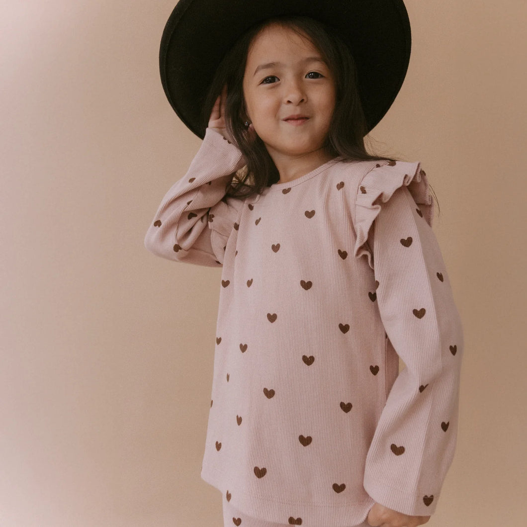 Organic Long Sleeve Top Set Of 2 - Hearts + Dusty Rose