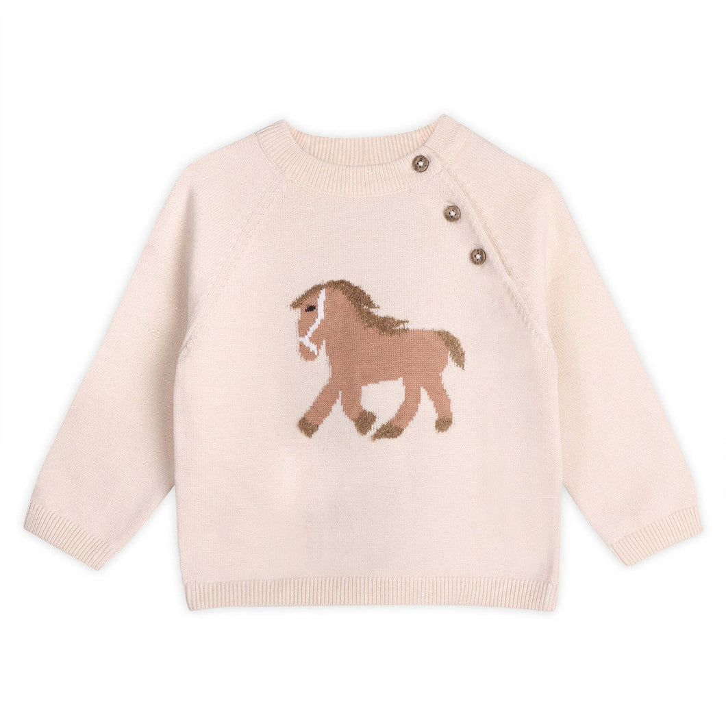 Horse Jacquard Sweater Knit Baby Pullover - Natural