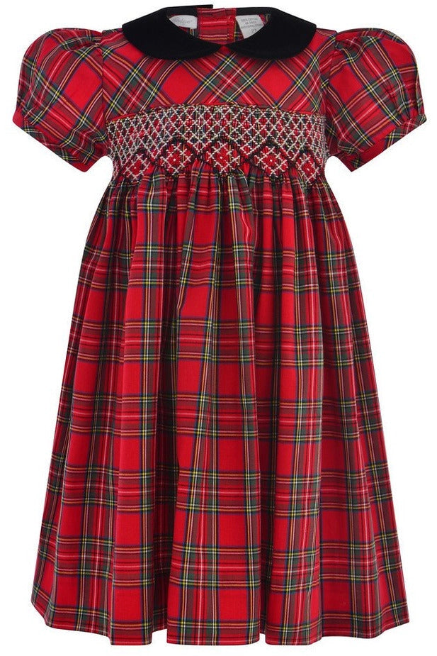 Plaid Short Sleeve Dress with Hand Smocked Design