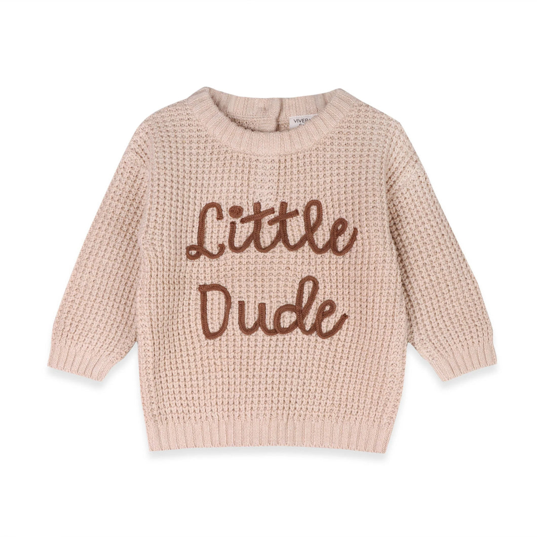 Little Dude Embroidered Sweater Knit Baby Pullover Oatmeal Heather