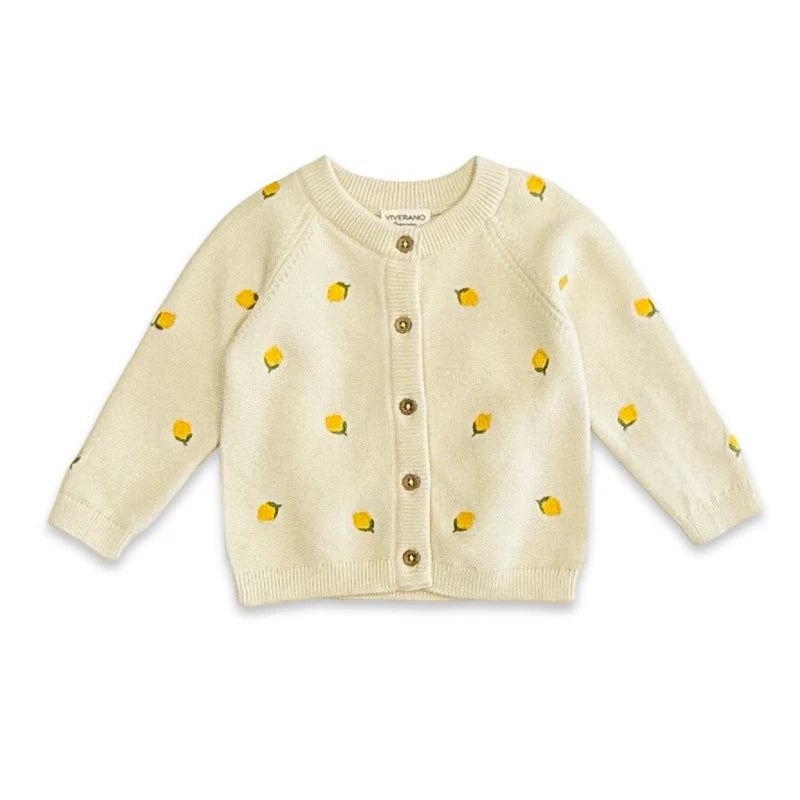 Lemon Embroidered Sweater Knit Kit Baby Cardigan - Sweet Cream