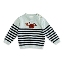 Load image into Gallery viewer, Crab Embroidered &amp; Stripe Knit Baby Pullover (Organic Cotton) Blue Heather
