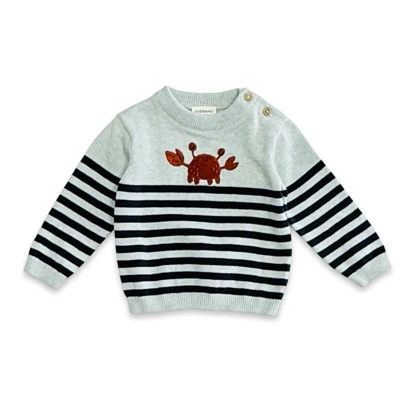 Crab Embroidered & Stripe Knit Baby Pullover (Organic Cotton) Blue Heather