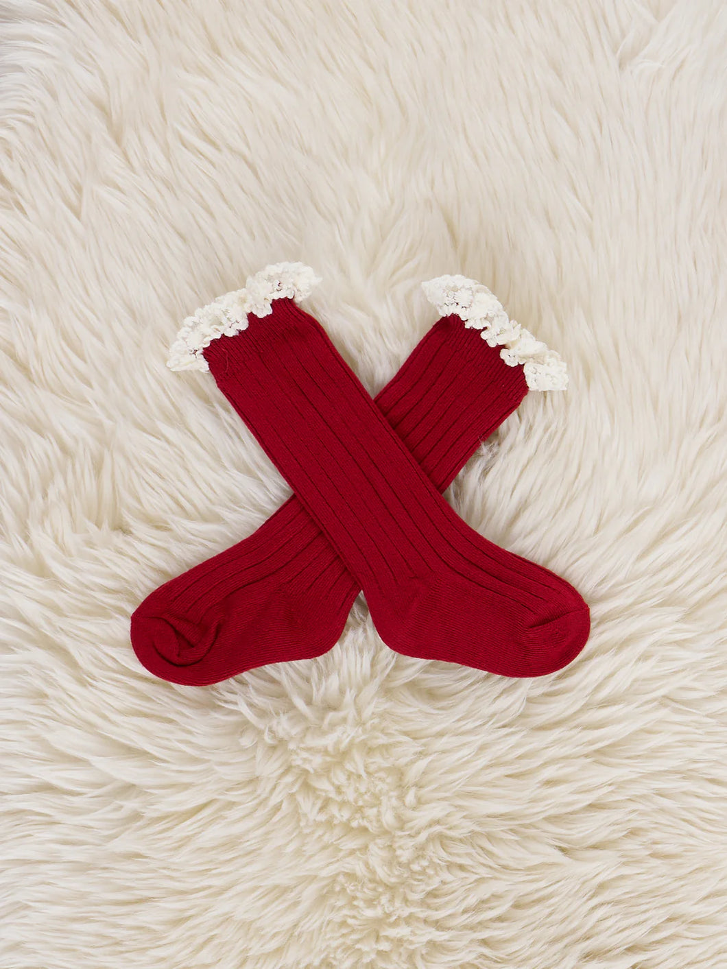 Lace Trim Knee Socks - Red